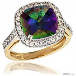 14k Yellow Gold Diamond Halo Mystic Topaz Ring Checkerboard Cushion 9 mm 2.4 ct 1/2 in wide