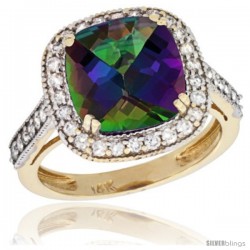 14k Yellow Gold Diamond Halo Mystic Topaz Ring Cushion Shape 10 mm 4.5 ct 1/2 in wide