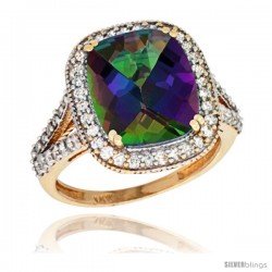 14k Yellow Gold Diamond Halo Mystic Topaz Ring Checkerboard Cushion 12x10 4.8 ct 3/4 in wide