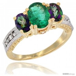 14k Yellow Gold Ladies Oval Natural Emerald 3-Stone Ring with Mystic Topaz Sides Diamond Accent