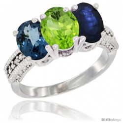 14K White Gold Natural London Blue Topaz, Peridot & Blue Sapphire Ring 3-Stone 7x5 mm Oval Diamond Accent