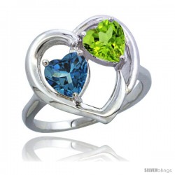 14k White Gold 2-Stone Heart Ring 6mm Natural London Blue Topaz & Peridot Diamond Accent