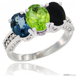 14K White Gold Natural London Blue Topaz, Peridot & Black Onyx Ring 3-Stone 7x5 mm Oval Diamond Accent