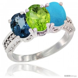 14K White Gold Natural London Blue Topaz, Peridot & Turquoise Ring 3-Stone 7x5 mm Oval Diamond Accent