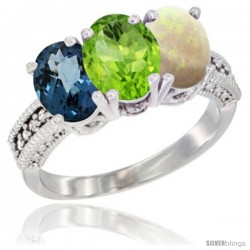 14K White Gold Natural London Blue Topaz, Peridot & Opal Ring 3-Stone 7x5 mm Oval Diamond Accent