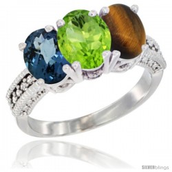 14K White Gold Natural London Blue Topaz, Peridot & Tiger Eye Ring 3-Stone 7x5 mm Oval Diamond Accent