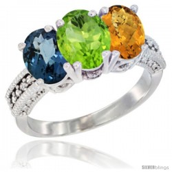 14K White Gold Natural London Blue Topaz, Peridot & Whisky Quartz Ring 3-Stone 7x5 mm Oval Diamond Accent