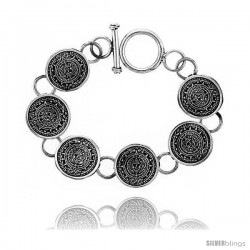 Sterling Silver Aztec Calendar Bracelet Toggle Clasp Handmade 3/4 in wide