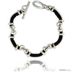 Sterling Silver & Leather Link Bracelet with Toggle Clasp 3/8 in wide