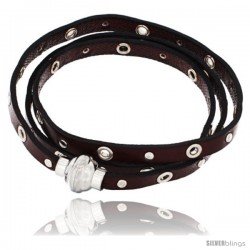 Surgical Steel Italian Leather Wrap Massai Bracelet Open Rivets w/ Super Magnet Clasp, Color Brown