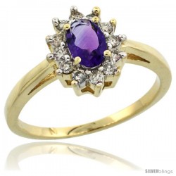 10k Yellow Gold Amethyst Diamond Halo Ring Oval Shape 1.2 Carat 6X4 mm, 1/2 in wide