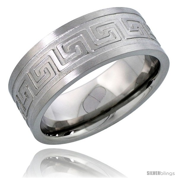 Stainless Steel Greek Key Striped Comfort Fit Band Ring 