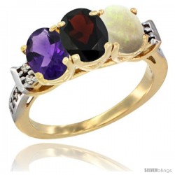 10K Yellow Gold Natural Amethyst, Garnet & Opal Ring 3-Stone Oval 7x5 mm Diamond Accent