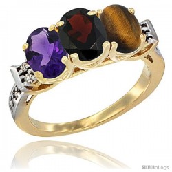 10K Yellow Gold Natural Amethyst, Garnet & Tiger Eye Ring 3-Stone Oval 7x5 mm Diamond Accent