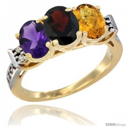 10K Yellow Gold Natural Amethyst, Garnet & Whisky Quartz Ring 3-Stone Oval 7x5 mm Diamond Accent