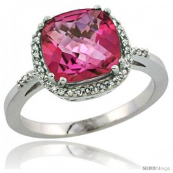 Sterling Silver Diamond Natural Pink Topaz Ring 3.05 ct Cushion Cut 9x9 mm, 1/2 in wide