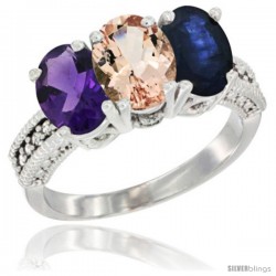 10K White Gold Natural Amethyst, Morganite & Blue Sapphire Ring 3-Stone Oval 7x5 mm Diamond Accent