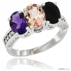 10K White Gold Natural Amethyst, Morganite & Black Onyx Ring 3-Stone Oval 7x5 mm Diamond Accent