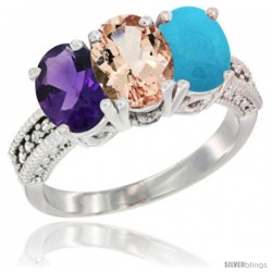 10K White Gold Natural Amethyst, Morganite & Turquoise Ring 3-Stone Oval 7x5 mm Diamond Accent