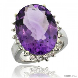 10k White Gold Diamond Halo Amethyst Ring 10 ct Large Oval Stone 18x13 mm, 7/8 in wide