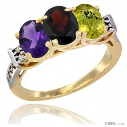 10K Yellow Gold Natural Amethyst, Garnet & Lemon Quartz Ring 3-Stone Oval 7x5 mm Diamond Accent