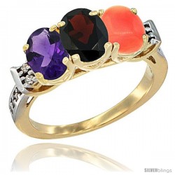 10K Yellow Gold Natural Amethyst, Garnet & Coral Ring 3-Stone Oval 7x5 mm Diamond Accent