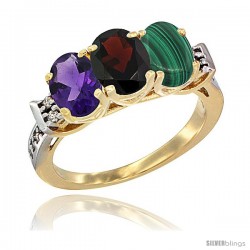 10K Yellow Gold Natural Amethyst, Garnet & Malachite Ring 3-Stone Oval 7x5 mm Diamond Accent