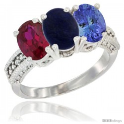 14K White Gold Natural Ruby, Lapis & Tanzanite Ring 3-Stone 7x5 mm Oval Diamond Accent