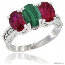 14K White Gold Natural Malachite & Ruby Sides Ring 3-Stone 7x5 mm Oval Diamond Accent