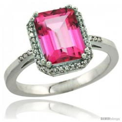 Sterling Silver Diamond Natural Pink Topaz Ring 2.53 ct Emerald Shape 9x7 mm, 1/2 in wide