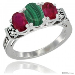 14K White Gold Natural Malachite & Ruby Ring 3-Stone Oval with Diamond Accent