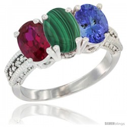 14K White Gold Natural Ruby, Malachite & Tanzanite Ring 3-Stone 7x5 mm Oval Diamond Accent