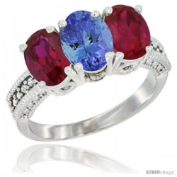 14K White Gold Natural Tanzanite & Ruby Sides Ring 3-Stone 7x5 mm Oval Diamond Accent