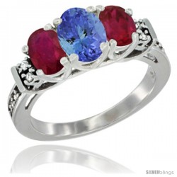 14K White Gold Natural Tanzanite & Ruby Ring 3-Stone Oval with Diamond Accent