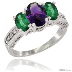 14k White Gold Ladies Oval Natural Amethyst 3-Stone Ring with Emerald Sides Diamond Accent