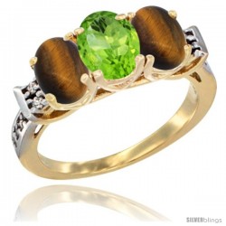 10K Yellow Gold Natural Peridot & Tiger Eye Sides Ring 3-Stone Oval 7x5 mm Diamond Accent