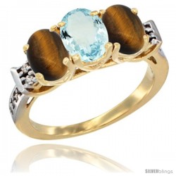 10K Yellow Gold Natural Aquamarine & Tiger Eye Sides Ring 3-Stone Oval 7x5 mm Diamond Accent