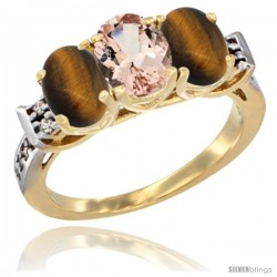 10K Yellow Gold Natural Morganite & Tiger Eye Sides Ring 3-Stone Oval 7x5 mm Diamond Accent