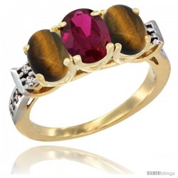 10K Yellow Gold Natural Ruby & Tiger Eye Sides Ring 3-Stone Oval 7x5 mm Diamond Accent