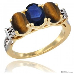 10K Yellow Gold Natural Blue Sapphire & Tiger Eye Sides Ring 3-Stone Oval 7x5 mm Diamond Accent