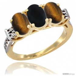 10K Yellow Gold Natural Black Onyx & Tiger Eye Sides Ring 3-Stone Oval 7x5 mm Diamond Accent