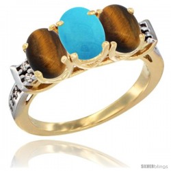 10K Yellow Gold Natural Turquoise & Tiger Eye Sides Ring 3-Stone Oval 7x5 mm Diamond Accent