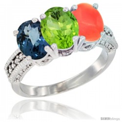 14K White Gold Natural London Blue Topaz, Peridot & Coral Ring 3-Stone 7x5 mm Oval Diamond Accent