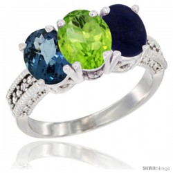 14K White Gold Natural London Blue Topaz, Peridot & Lapis Ring 3-Stone 7x5 mm Oval Diamond Accent