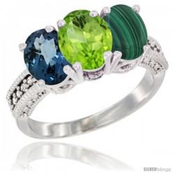 14K White Gold Natural London Blue Topaz, Peridot & Malachite Ring 3-Stone 7x5 mm Oval Diamond Accent