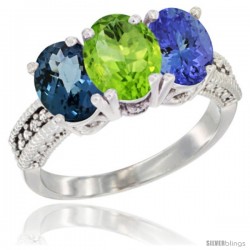 14K White Gold Natural London Blue Topaz, Peridot & Tanzanite Ring 3-Stone 7x5 mm Oval Diamond Accent