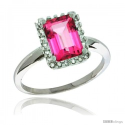 Sterling Silver Diamond Natural Pink Topaz Ring 1.6 ct Emerald Shape 8x6 mm, 1/2 in wide