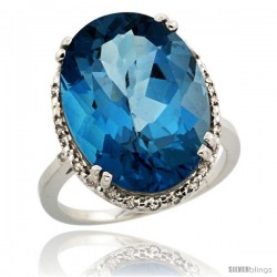 14k White Gold Diamond Halo Large London Blue Topaz Ring 10.3 ct Oval Stone 18x13 mm, 3/4 in wide