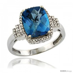 14k White Gold Diamond Halo London Blue Topaz Ring 2.4 ct Cushion Cut 9x7 mm, 1/2 in wide