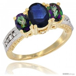 14k Yellow Gold Ladies Oval Natural Blue Sapphire 3-Stone Ring with Mystic Topaz Sides Diamond Accent